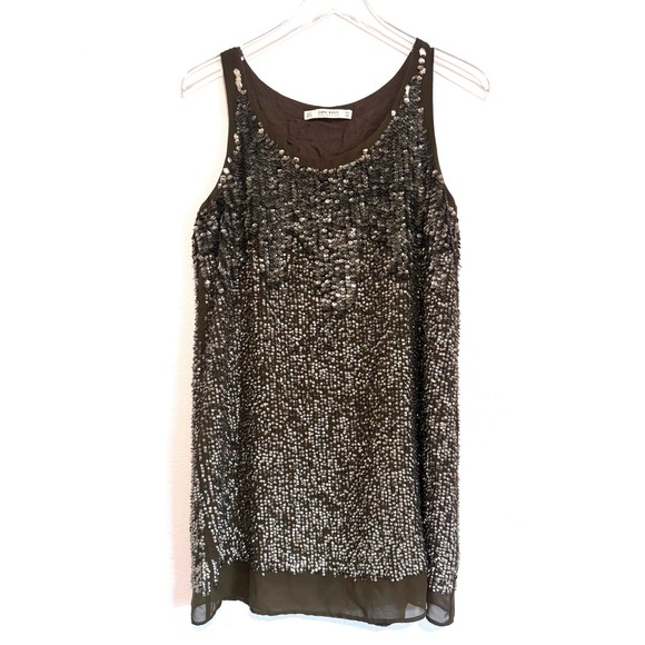 Zara Dresses & Skirts - Zara‎ | Basic Women's Brown Metallic Sequin Mini Shift Dress Sleeveless